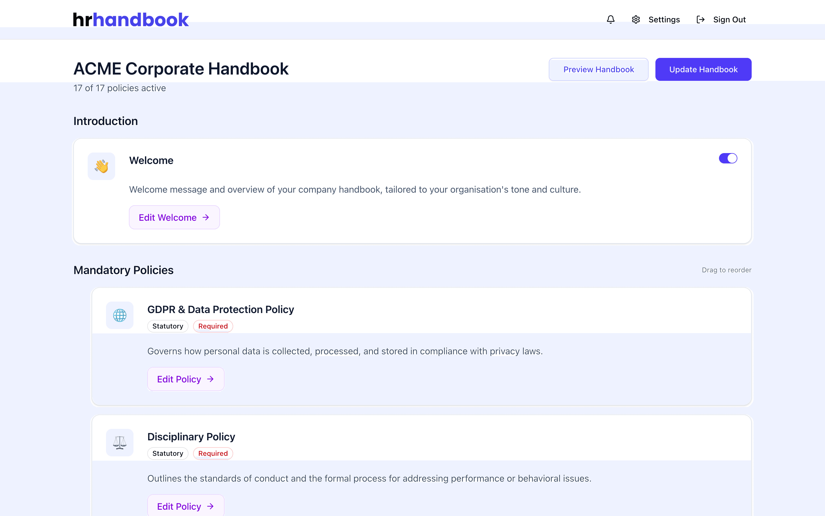 HR Handbook Dashboard showing policy management interface with drag-and-drop functionality